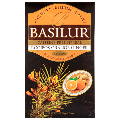 Basilur Rooibos Orange Ginger, pudełko herbaty 20 kopert 30 g widziane z przodu