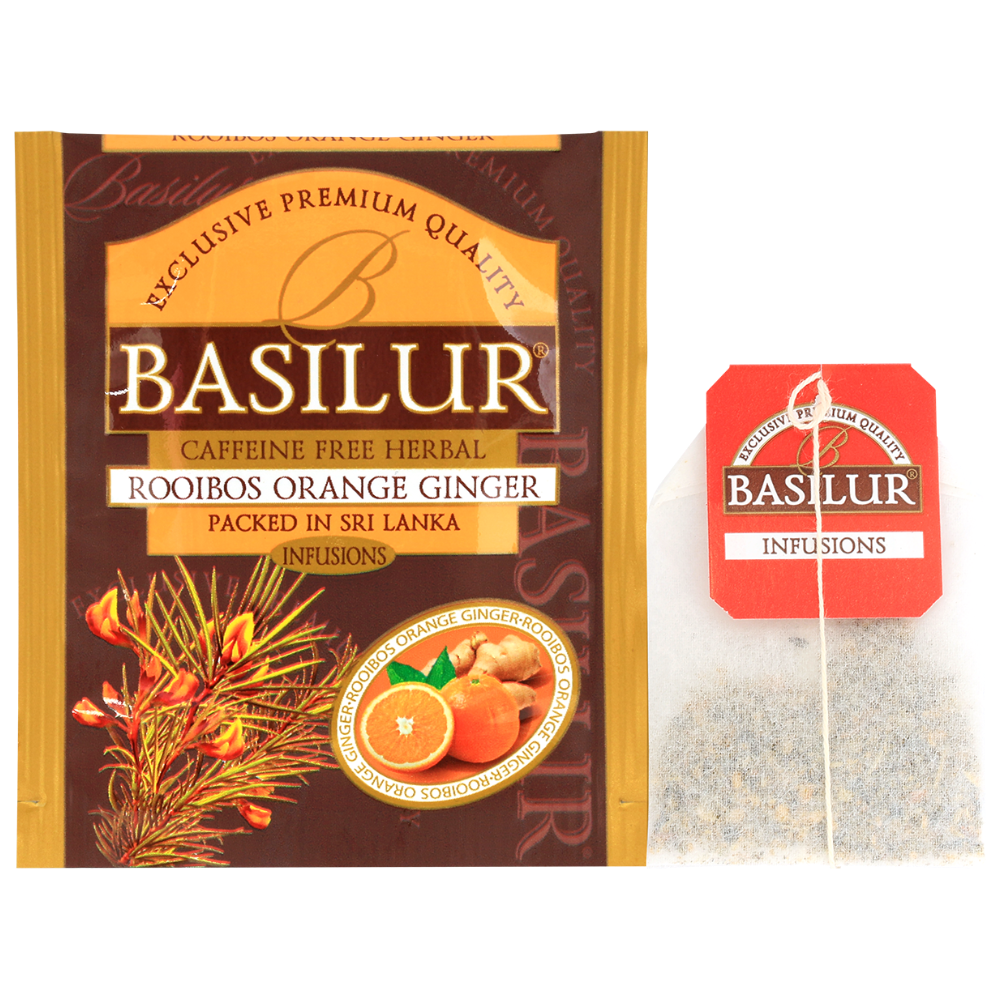 Rooibos Orange Ginger Basilur, pojedyncza koperta oraz torebka herbaty z etykietą