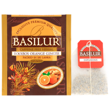 Rooibos Orange Ginger Basilur, pojedyncza koperta oraz torebka herbaty z etykietą