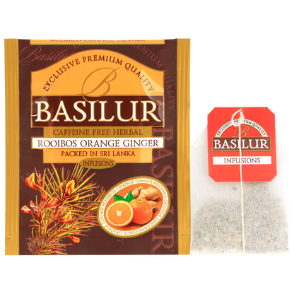 Rooibos Orange Ginger Basilur, pojedyncza koperta oraz torebka herbaty z etykietą