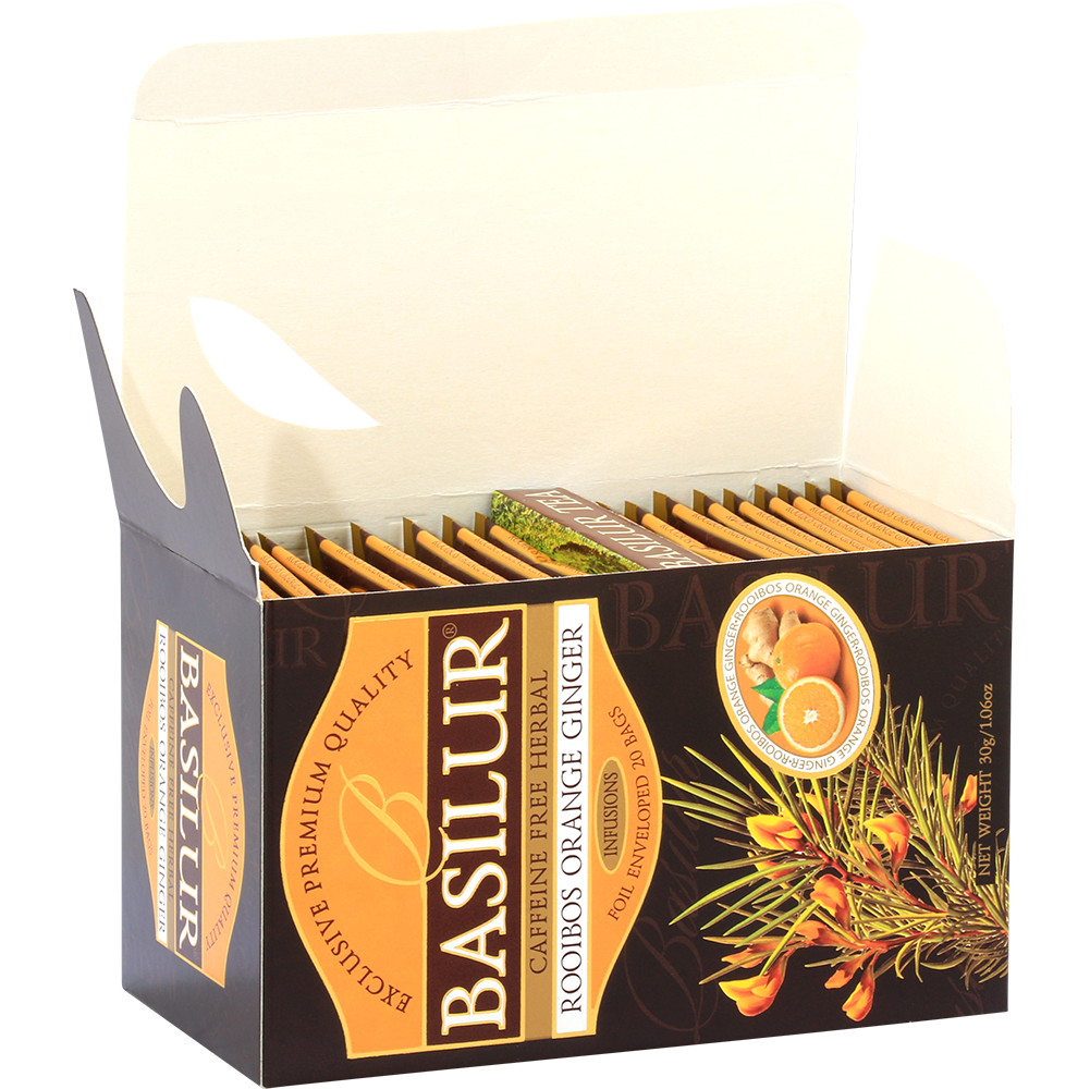 Otwarte pudełko Basilur Rooibos Orange Ginger z indywidualnie pakowanymi kopertami