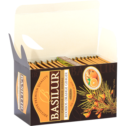 Otwarte pudełko Basilur Rooibos Orange Ginger z indywidualnie pakowanymi kopertami