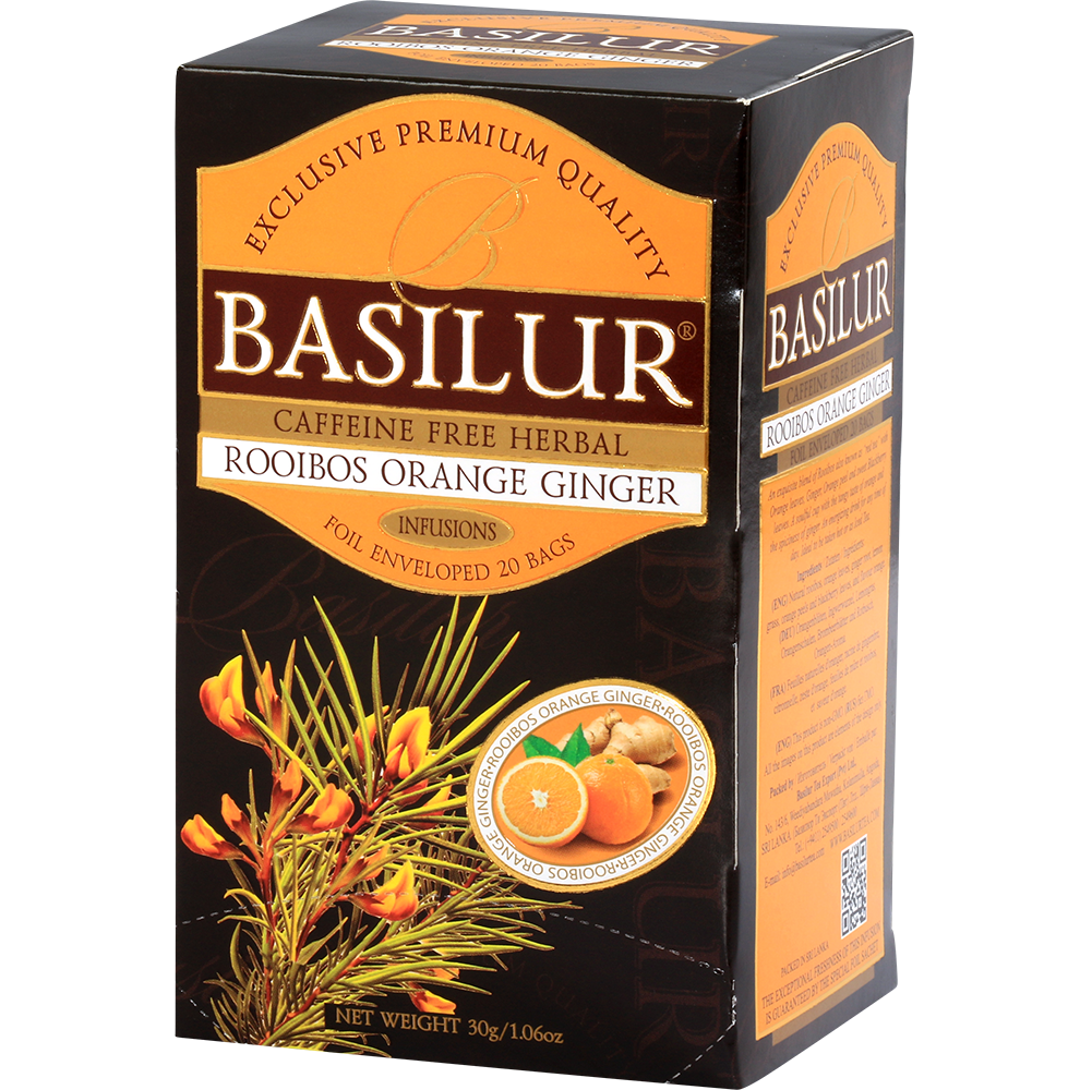 Basilur Rooibos Orange Ginger 30 g, kartonowe pudełko z boku i od przodu