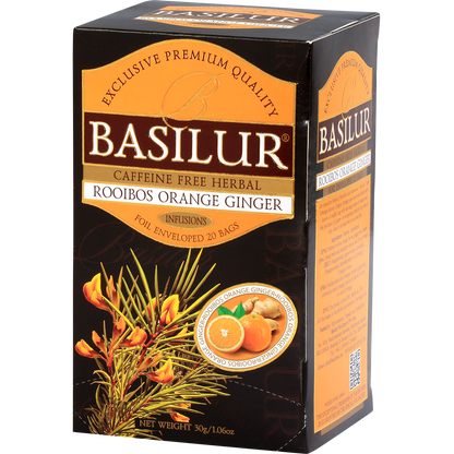 Basilur Rooibos Orange Ginger 30 g, kartonowe pudełko z boku i od przodu