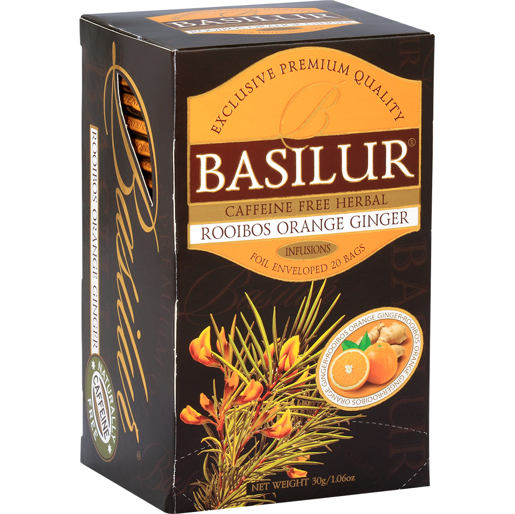 Pudełko Basilur Rooibos Orange Ginger z bocznym okienkiem pokazującym koperty