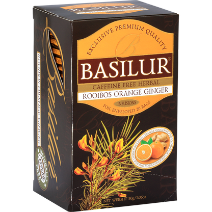 Pudełko Basilur Rooibos Orange Ginger z bocznym okienkiem pokazującym koperty