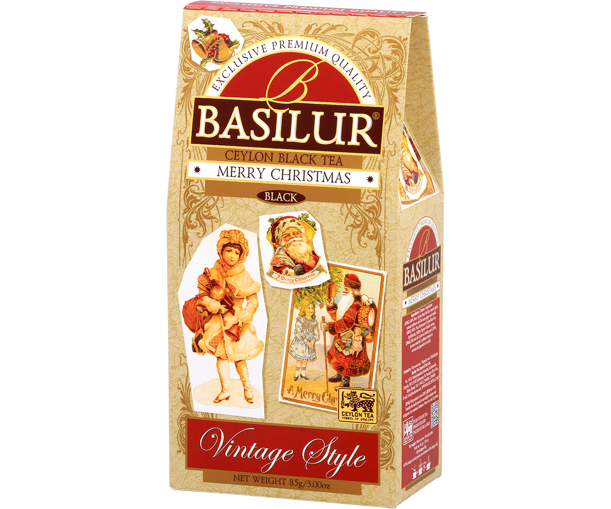 Widok z boku opakowania Basilur Merry Christmas w stylu retro