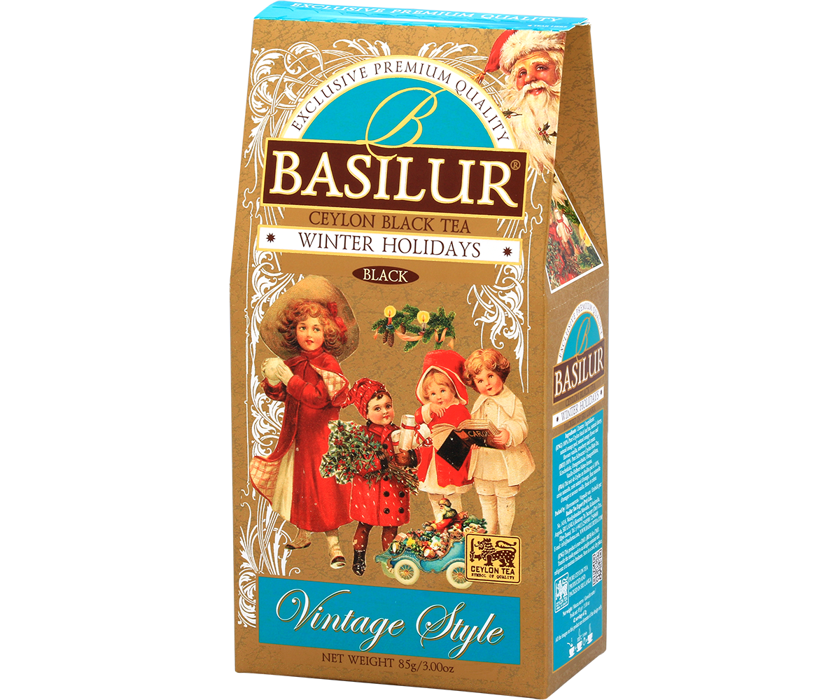 Herbata Basilur Winter Holidays – eleganckie opakowanie świąteczne w stylu retro.