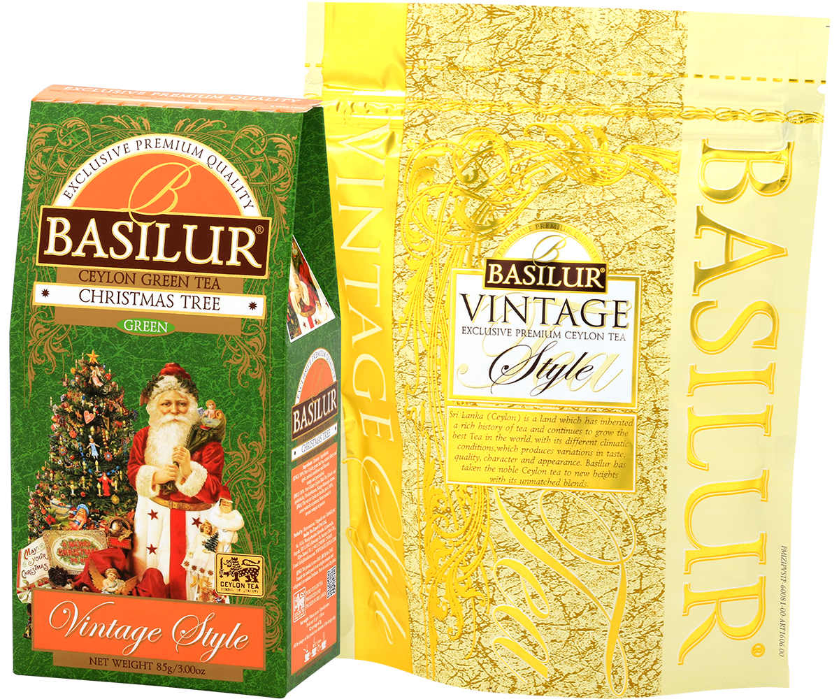 Opakowanie herbaty Basilur Christmas Tree w stylu vintage z motywem choinki i Świętego Mikołaja