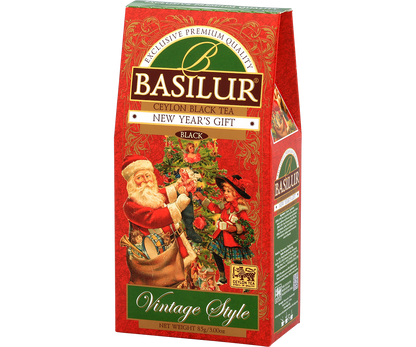 Widok z boku opakowania Basilur New Year’s Gift w stylu retro z zielonym detalem