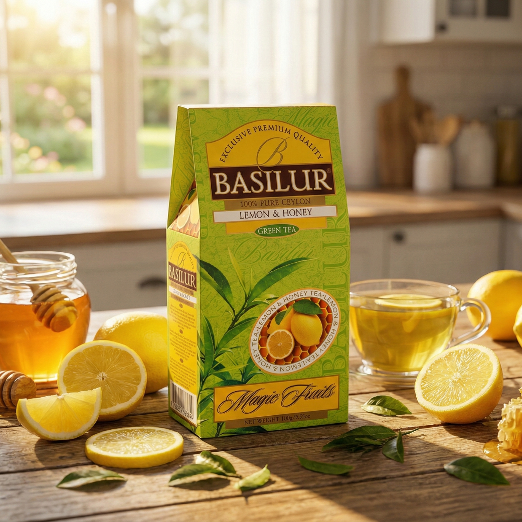 Opakowanie zielonej herbaty Basilur Lemon & Honey na drewnianym stole, z cytrynami, miodem i filiżanką herbaty w jasnej kuchni