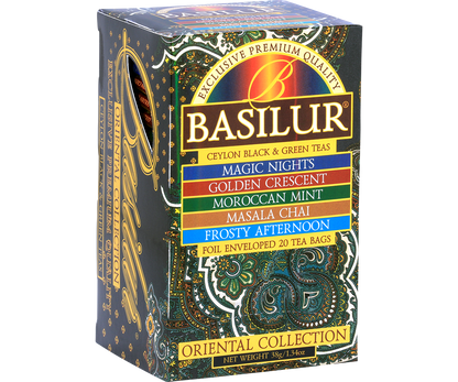 Bok opakowania Basilur Oriental Collection z informacjami o smakach herbat