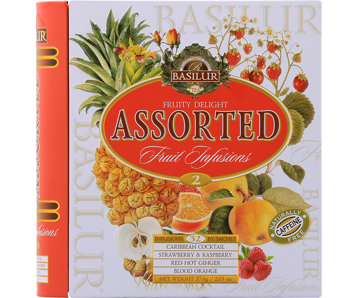 Przód opakowania Basilur Fruit Infusions vol. 2 – elegancka puszka w formie książki z owocowymi ilustracjami.