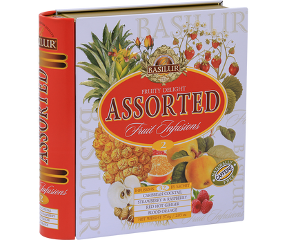 Bok puszki Basilur Fruit Infusions vol. 2 – ozdobne opakowanie kolekcji herbat owocowych.