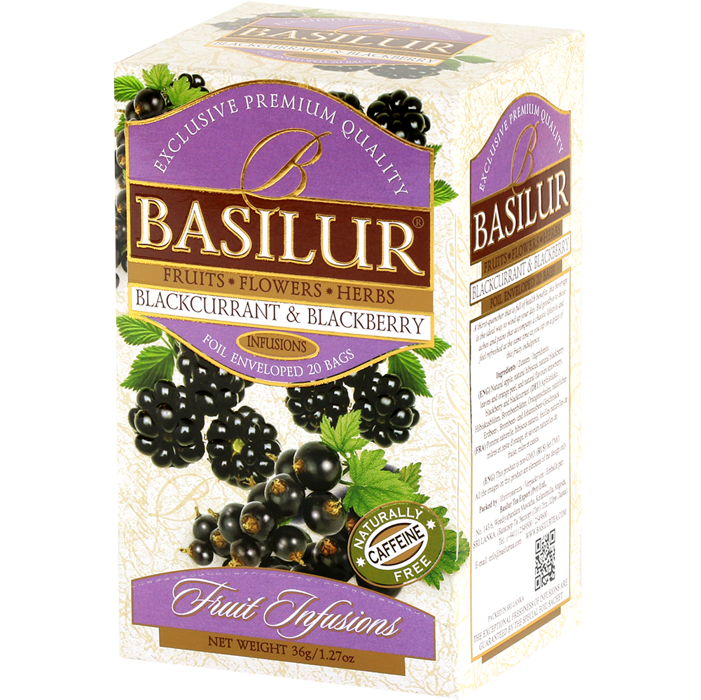 Opakowanie herbaty owocowej Basilur Blackcurrant & Blackberry z widocznym składem.