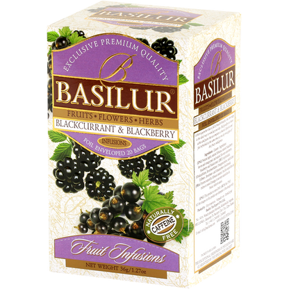 Opakowanie herbaty owocowej Basilur Blackcurrant & Blackberry z widocznym składem.