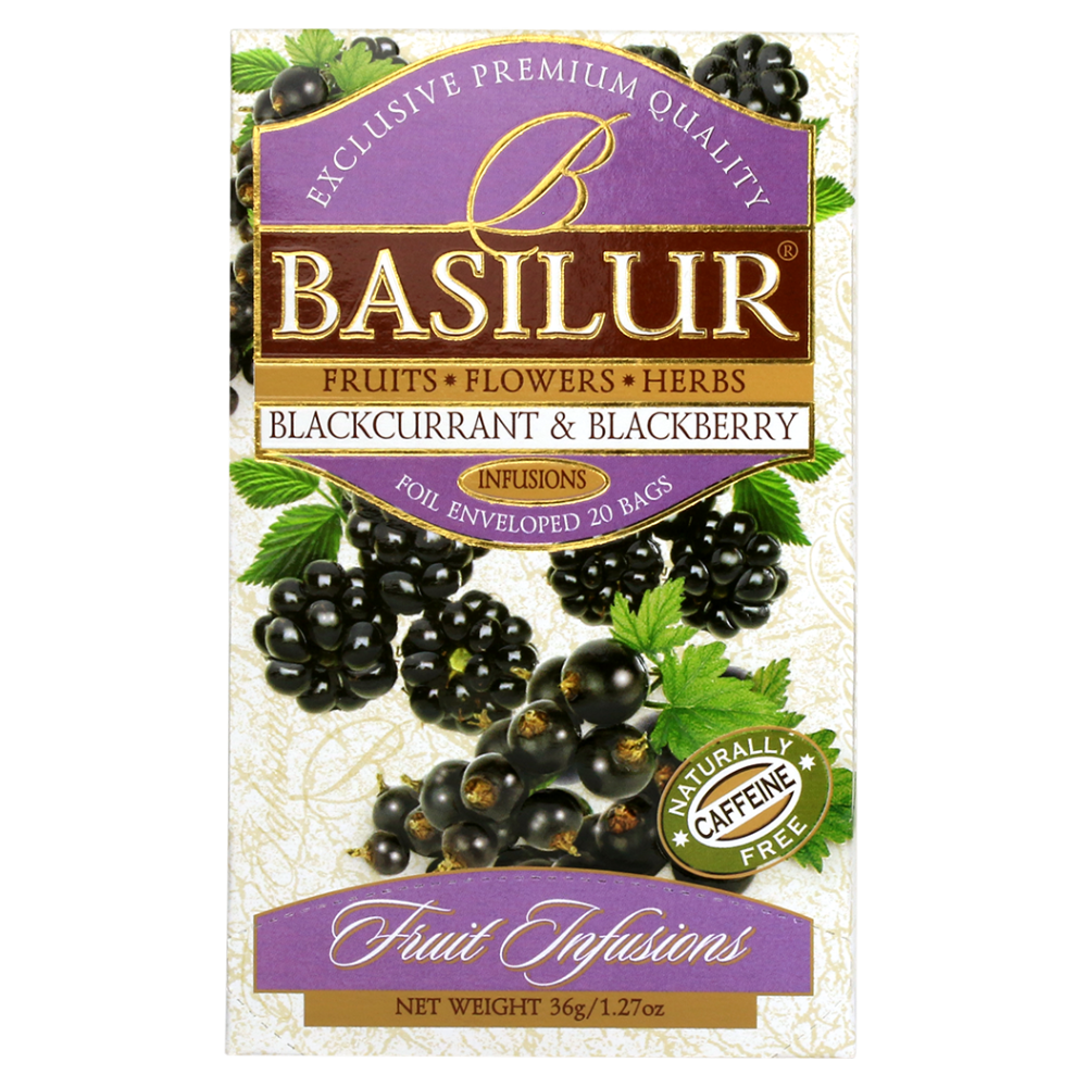 Herbata Basilur Blackcurrant & Blackberry – czarna porzeczka i jeżyna w eleganckim pudełku.