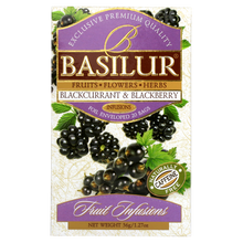Herbata Basilur Blackcurrant & Blackberry – czarna porzeczka i jeżyna w eleganckim pudełku.