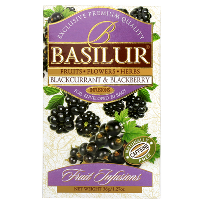 Herbata Basilur Blackcurrant & Blackberry – czarna porzeczka i jeżyna w eleganckim pudełku.