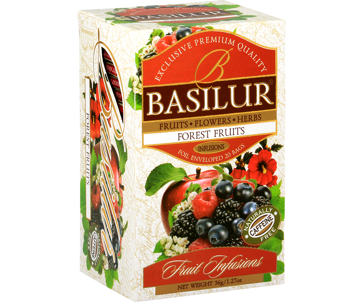 Herbata owocowa Basilur Forest Fruits – pudełko z grafiką malin, jeżyn i borówek.