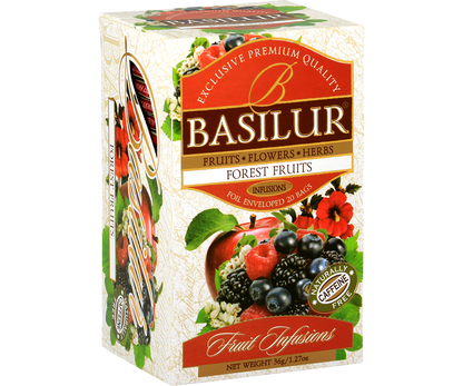 Herbata owocowa Basilur Forest Fruits – pudełko z grafiką malin, jeżyn i borówek.