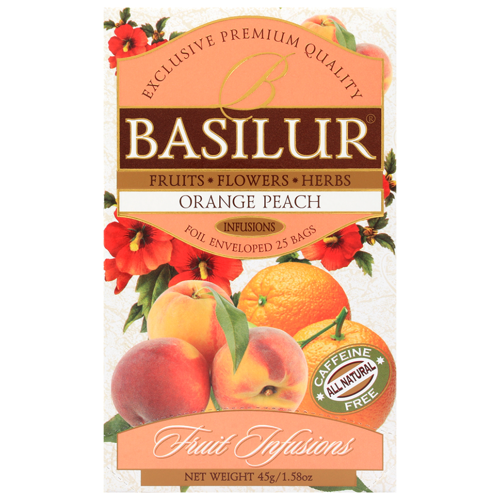 Herbata Basilur Orange Peach – owocowa kompozycja z brzoskwinią i pomarańczą.