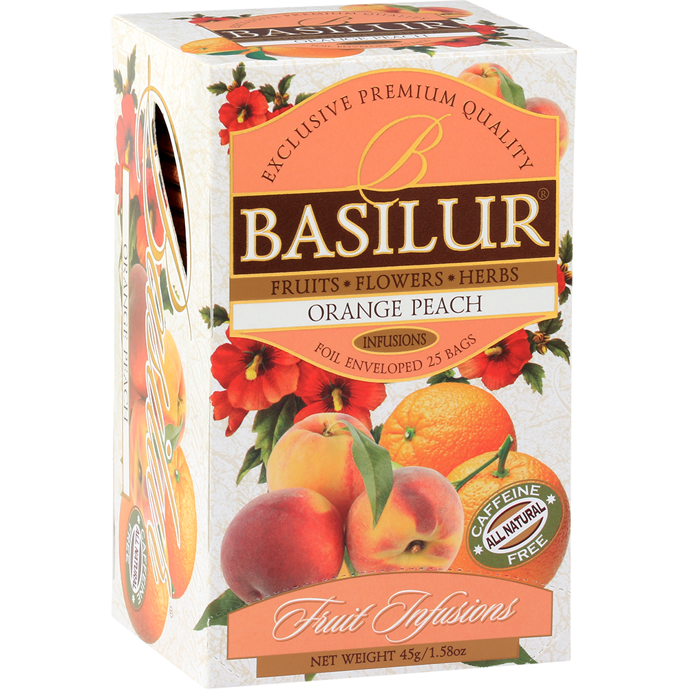 Herbata owocowa Basilur Orange Peach – eleganckie pudełko z grafiką owoców.