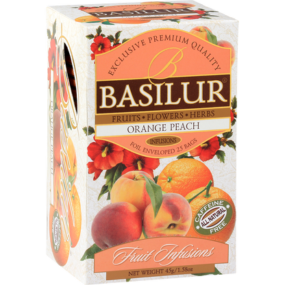 Herbata owocowa Basilur Orange Peach – eleganckie pudełko z grafiką owoców.