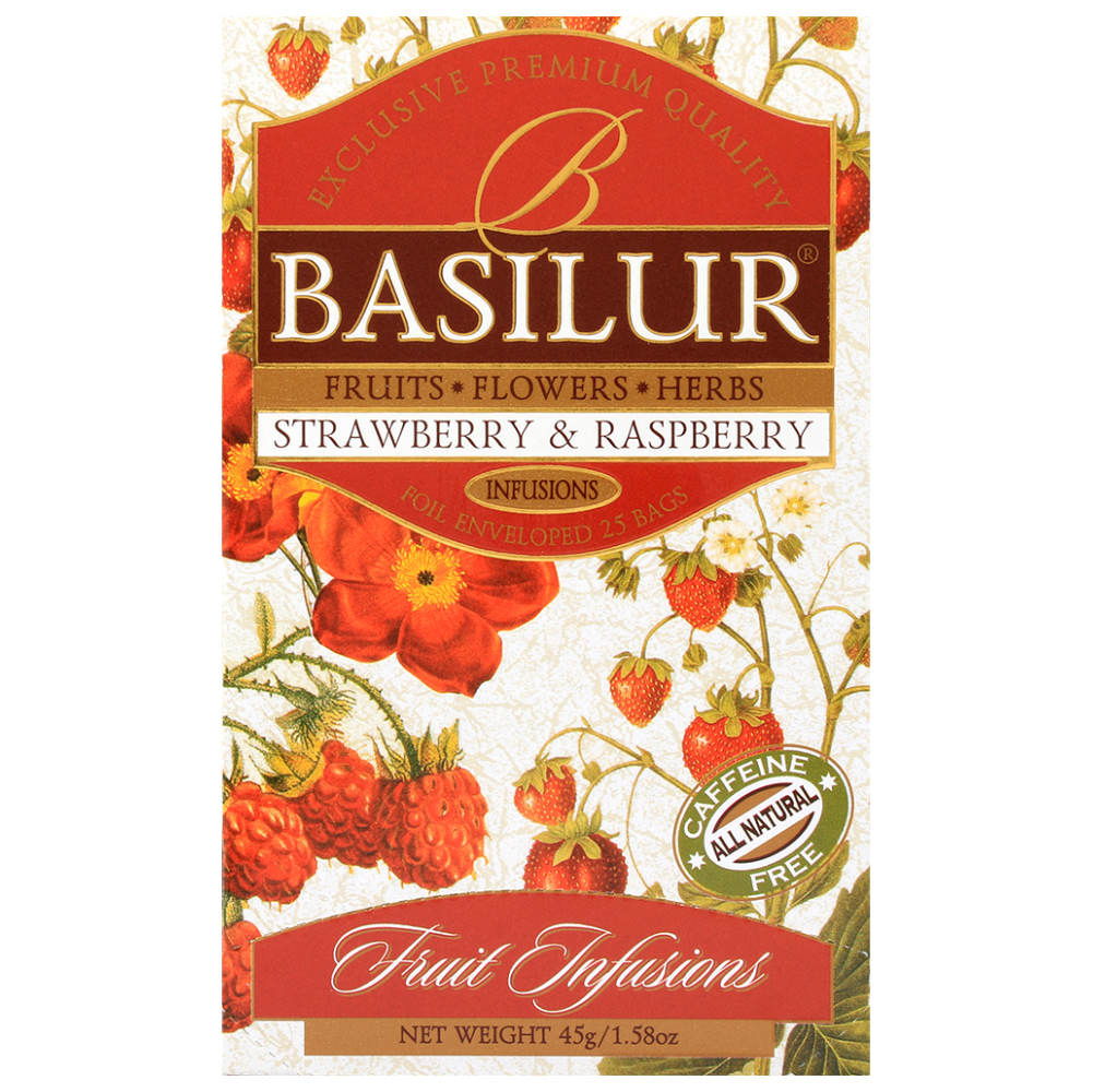Herbata Basilur Strawberry & Raspberry – owocowa kompozycja z maliną i truskawką.