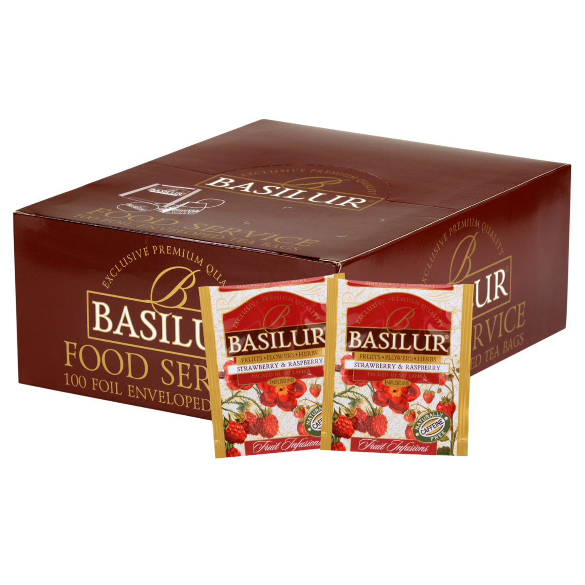 Herbata owocowa Basilur Strawberry & Raspberry w kopertach 100 x 1,8 g w eleganckim kartonowym opakowaniu.