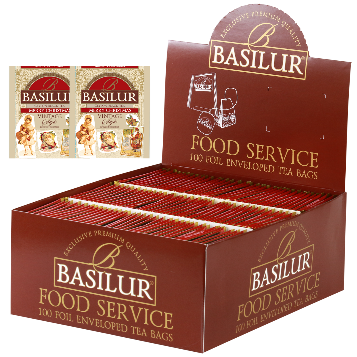 Herbata Basilur Merry Christmas 100 x 2 g w opakowaniu Food Service z torebkami w ozdobnych kopertach.