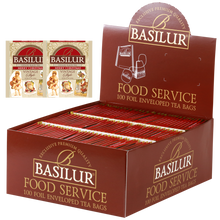 Herbata Basilur Merry Christmas 100 x 2 g w opakowaniu Food Service z torebkami w ozdobnych kopertach.