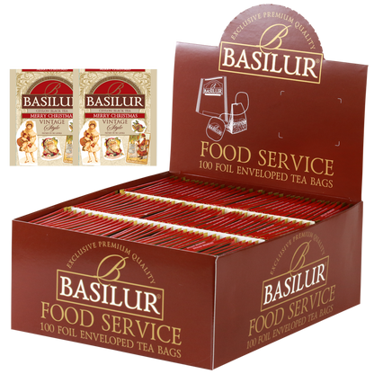 Herbata Basilur Merry Christmas 100 x 2 g w opakowaniu Food Service z torebkami w ozdobnych kopertach.