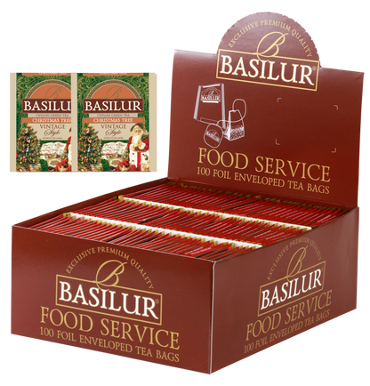 Zestaw Basilur Christmas Tree – 100 torebek zielonej herbaty cejlońskiej z motywem Świąt Bożego Narodzenia.