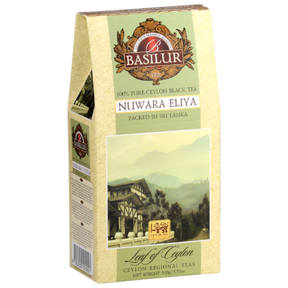 Zdjęcie frontu opakowania Basilur Nuwara Eliya czarna herbata z gór Sri Lanki
