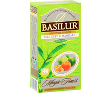 Widok boczny opakowania Basilur Earl Grey & Mandarin, zielona herbata z Cejlonu o cytrusowym smaku.