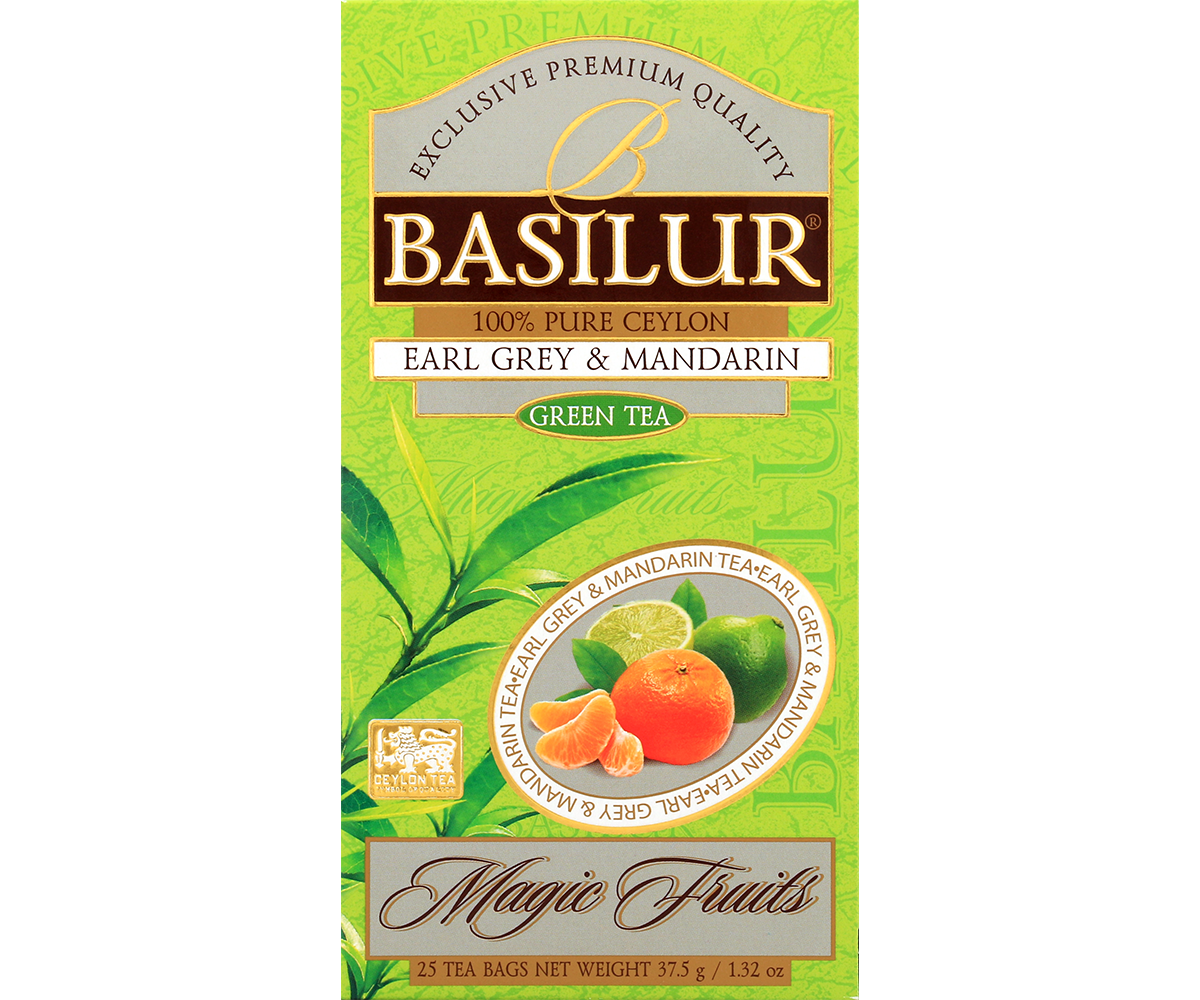 Opakowanie herbaty Basilur Earl Grey & Mandarin 25 x 1,5 g, zielona herbata cejlońska o cytrusowym aromacie.