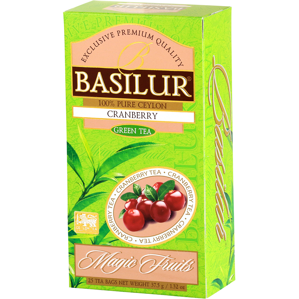 Widok boczny opakowania Basilur Cranberry, zielona herbata z Cejlonu z dodatkiem żurawiny.