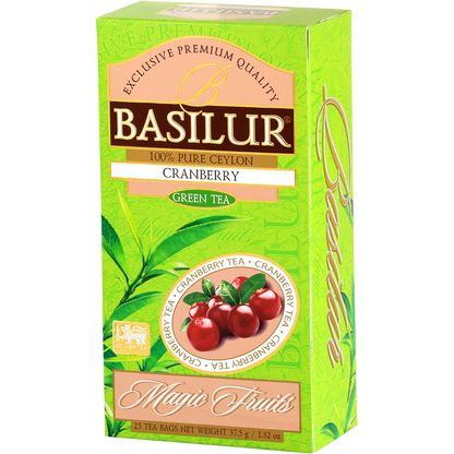 Widok boczny opakowania Basilur Cranberry, zielona herbata z Cejlonu z dodatkiem żurawiny.
