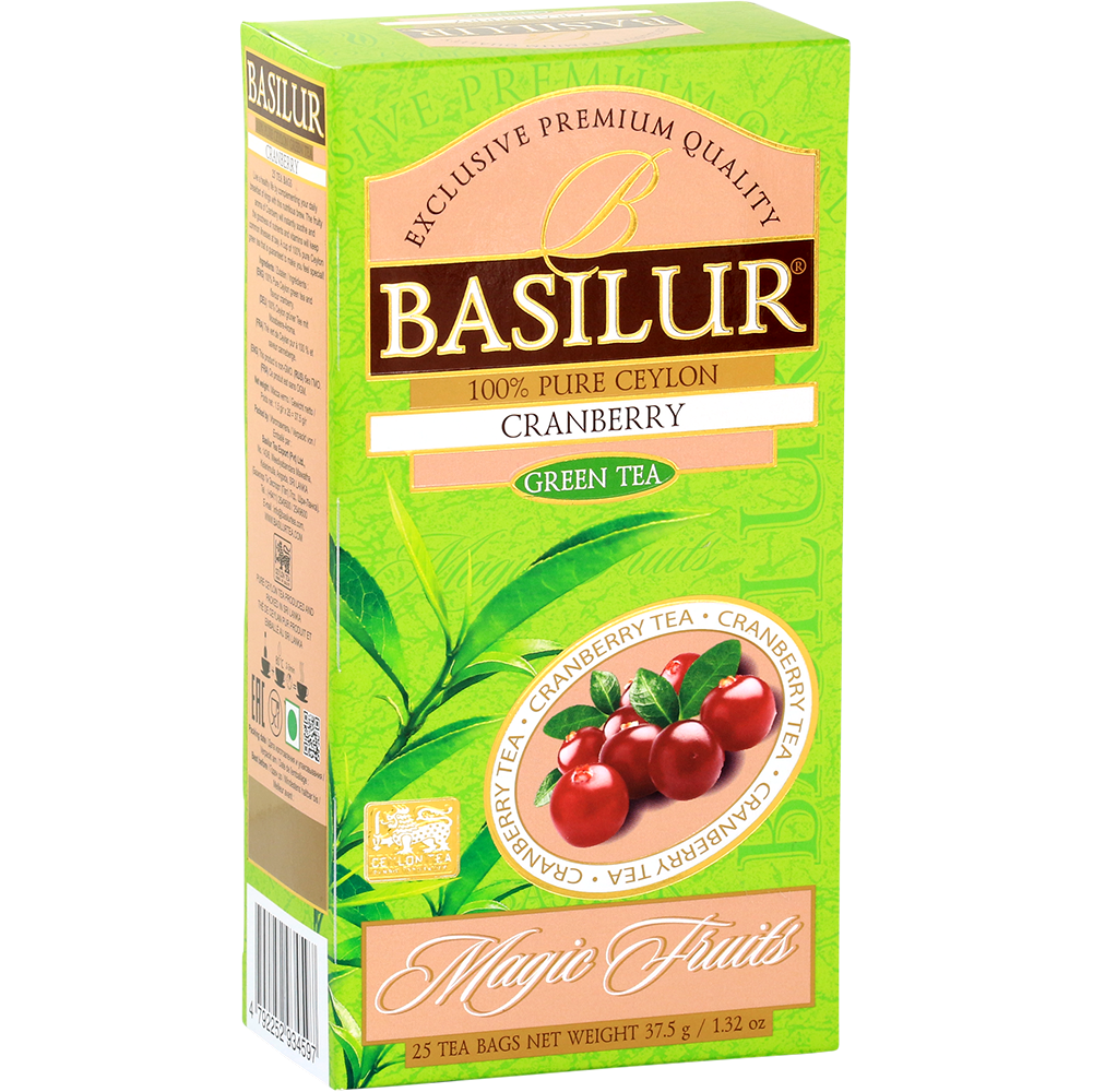 Opakowanie herbaty Basilur Cranberry 25 x 1,5 g, zielona herbata cejlońska o owocowym smaku żurawiny.