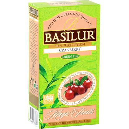 Opakowanie herbaty Basilur Cranberry 25 x 1,5 g, zielona herbata cejlońska o owocowym smaku żurawiny.