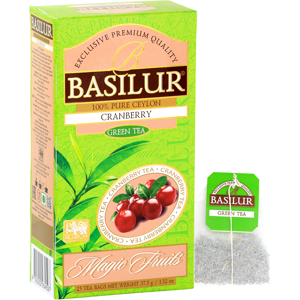 Pudełko Basilur Cranberry z torebką herbaty, zielona herbata o świeżym, żurawinowym aromacie.