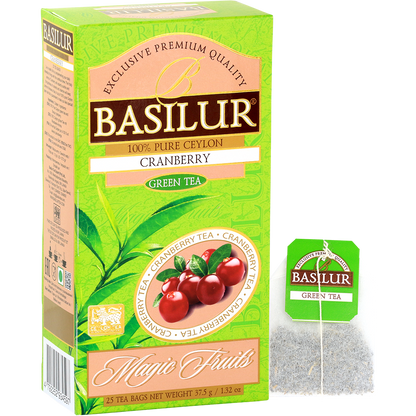 Pudełko Basilur Cranberry z torebką herbaty, zielona herbata o świeżym, żurawinowym aromacie.