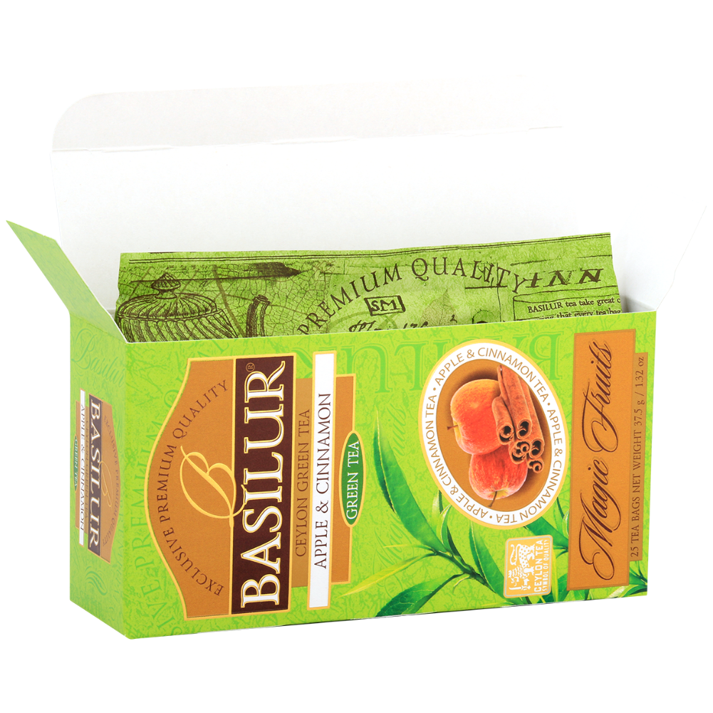 Herbata Basilur Apple & Cinnamon zielona herbata w otwartym opakowaniu
