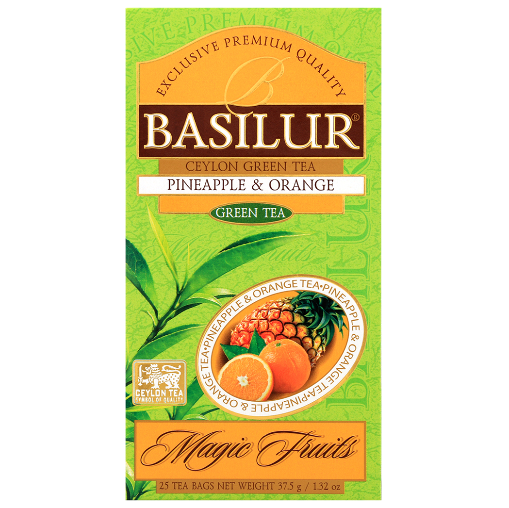 Herbata Basilur Pineapple & Orange zielona herbata w otwartym opakowaniu
