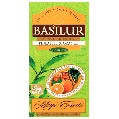 Herbata Basilur Pineapple & Orange zielona herbata w otwartym opakowaniu
