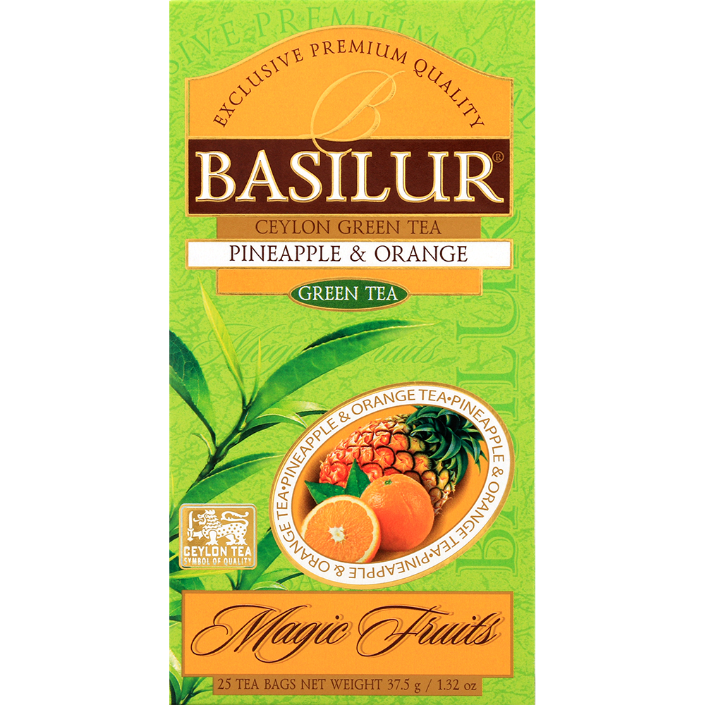 Herbata Basilur Pineapple & Orange zielona herbata w otwartym opakowaniu
