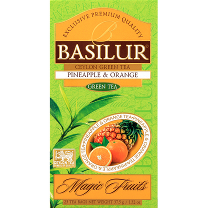 Herbata Basilur Pineapple & Orange zielona herbata w otwartym opakowaniu
