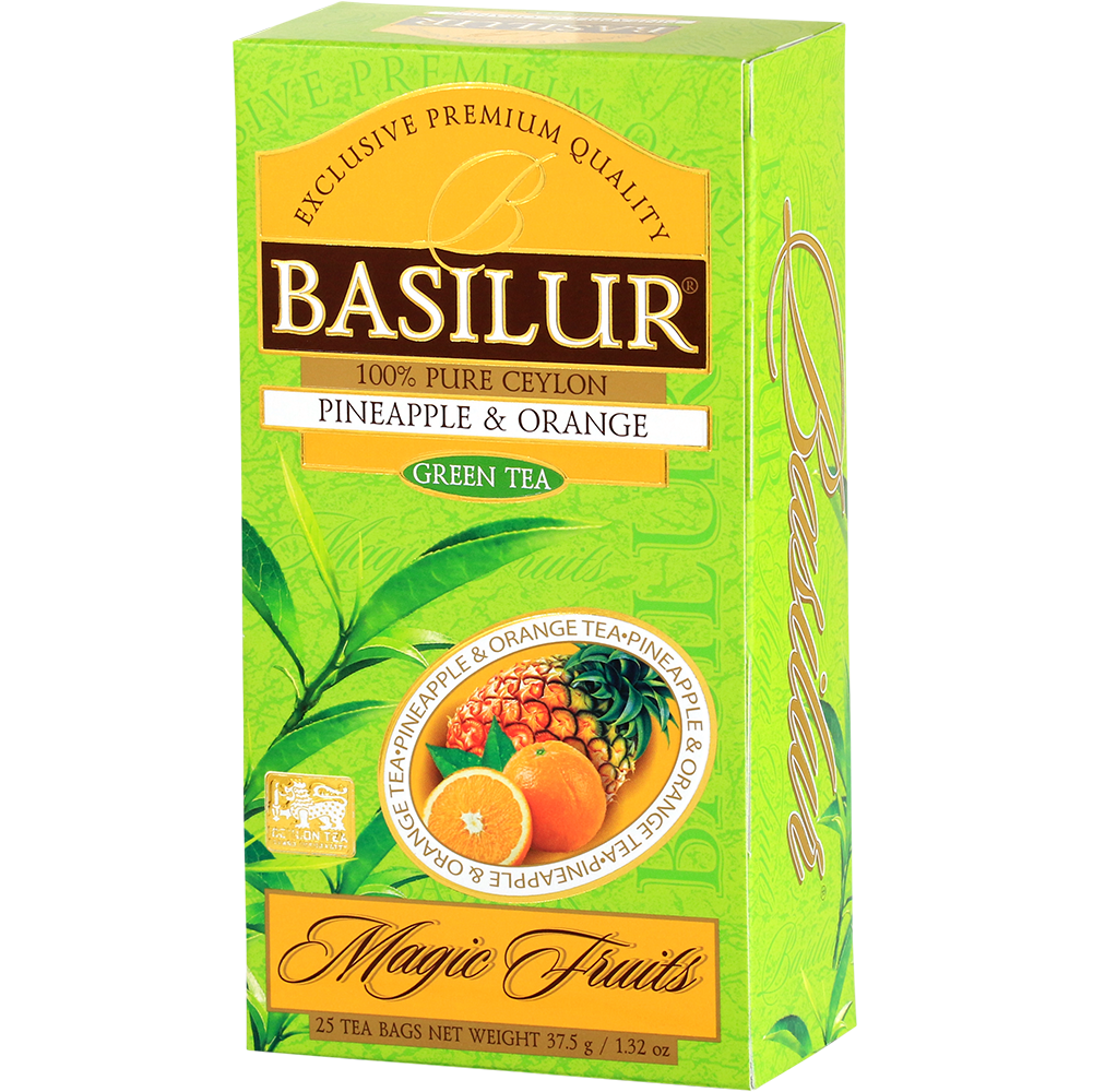 Basilur Pineapple & Orange Magic Fruits zielona herbata widok opakowania z boku
