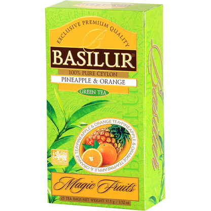 Basilur Pineapple & Orange Magic Fruits zielona herbata widok opakowania z boku
